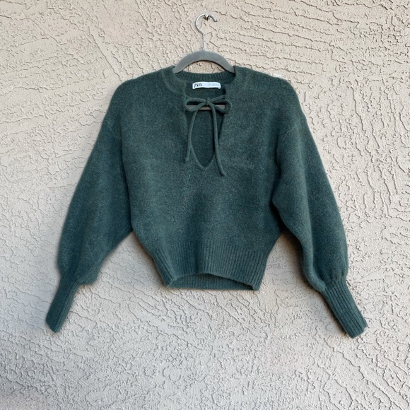 ZARA BLOGGER FAVE Green Blue Wool Blend Ballon Sleeve V Neck Sweater - Picture 1 of 17